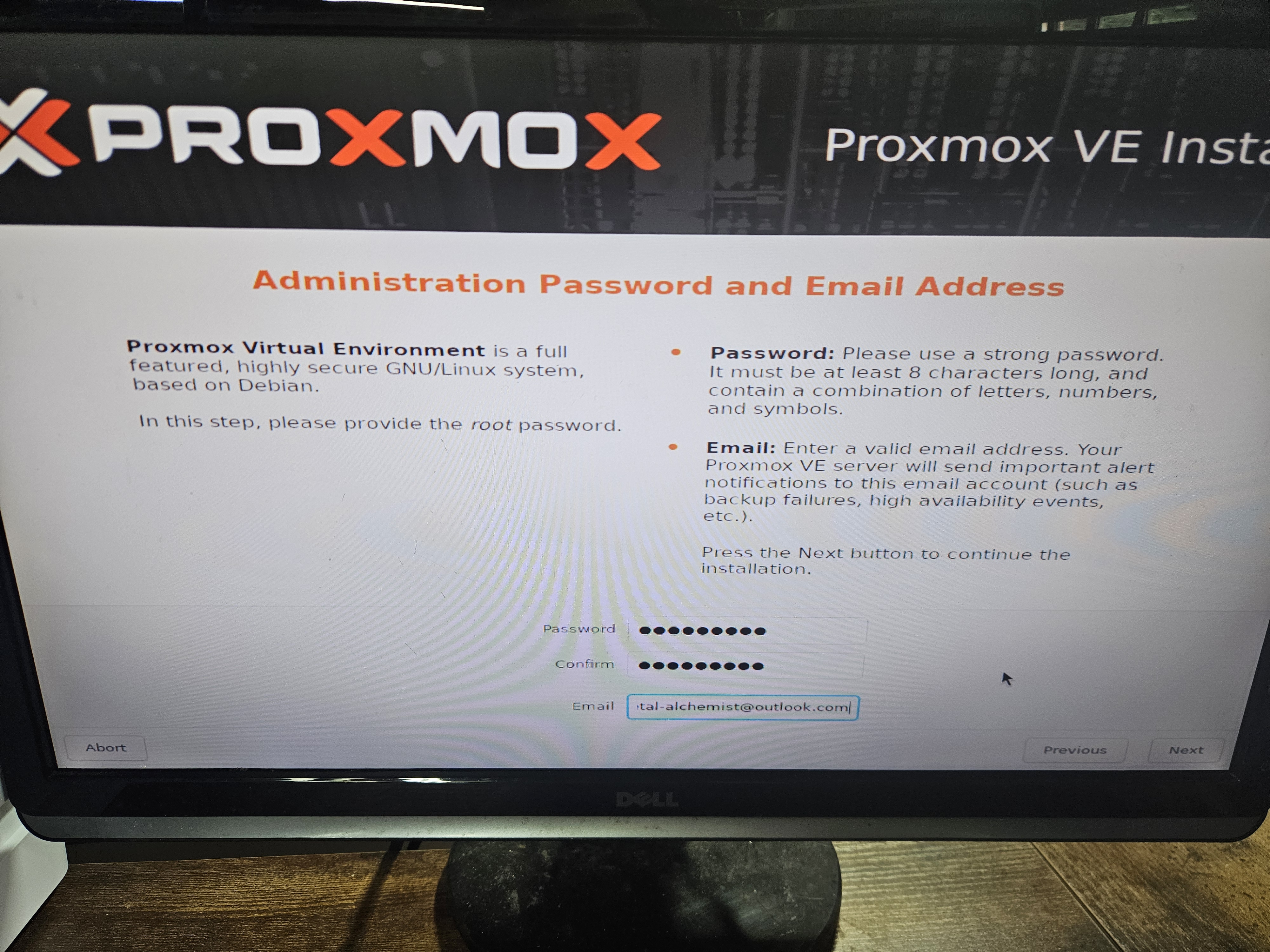 Password and email setup